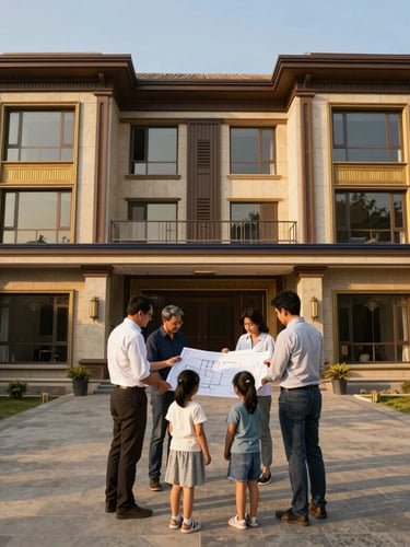 A professional site visit in Kanpur with a family looking at blueprints under warm golden-hour sunlight, clear boundaries, premium real estate advisory