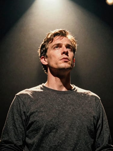 Low-angle dramatic portrait of John Page on stage with a warm spotlight, dark charcoal background, 35mm film grain, authentic and gritty.