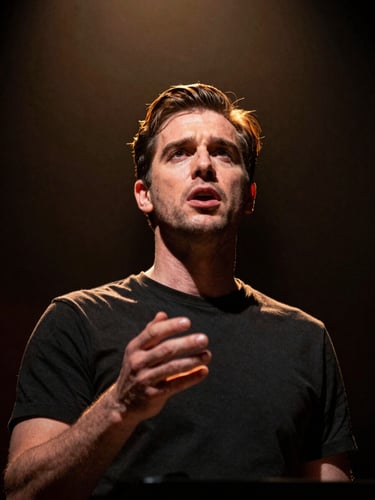 Low-angle dramatic portrait of John Page speaking on stage, spotlight cutting through deep charcoal shadows, warm amber rim light, intense focused expression.