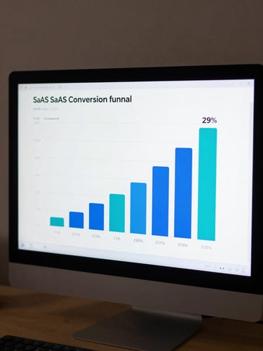 Tight crop of a SaaS conversion funnel on a dark monitor, showing a before-and-after bar chart with trial-to-paid rate climbing from 11% to 29%, electric blue and cyan data bars, even studio lighting