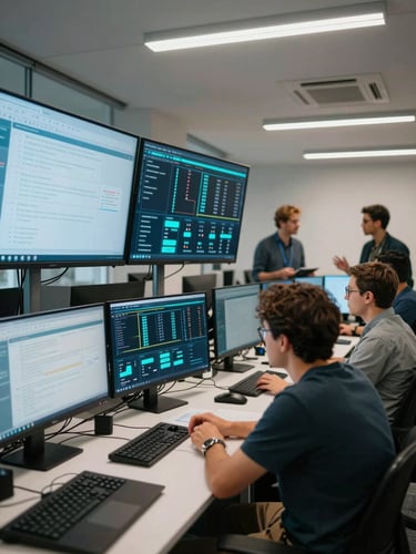 Wide shot of a collaborative war-room office environment — multiple large monitors displaying analytics dashboards and funnel data, team members in focused discussion around a standing desk, bright even overhead lighting, dark furniture, electric cyan screen glow reflecting on surfaces