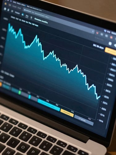 Close-up overhead shot of a laptop screen displaying an eCommerce analytics dashboard, electric cyan CAC trend line dropping 38% over 90 days, dark background, sharp studio lighting on the screen data