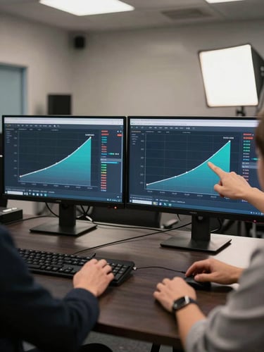 Wide shot of a performance marketing war room — two large monitors side-by-side showing split-screen before and after revenue attribution graphs, hands pointing at a rising conversion curve, even studio lighting, dark desk surface, sharp data visible on screens