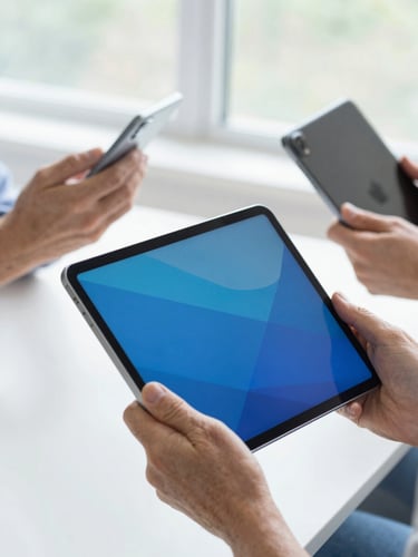 Close-up perspective of hands of different generations holding an Android tablet, bright natural window light, crisp slate and electric blue interface visible