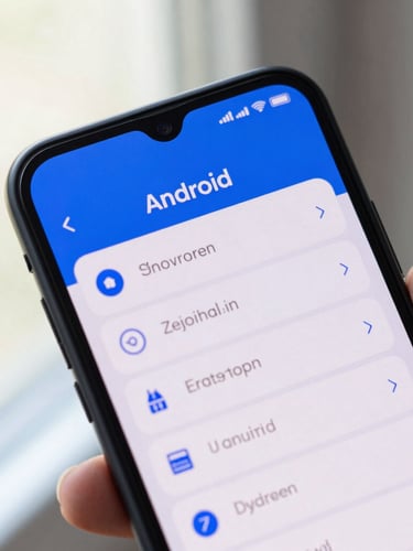 Close-up macro shot of a modern Android device screen displaying a clean mobile interface with electric blue accents, held by a hand under bright natural window light, shallow depth of field.