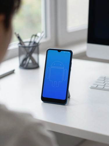 Over-the-shoulder view of a clean workspace setup with an Android device displaying a crisp wireframe, shallow depth of field, natural daylight