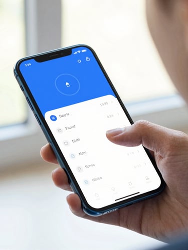 A close-up over-the-shoulder shot of a hand interacting with a clean Android app interface on a modern smartphone, bright natural window light, slate and electric blue tones, shallow depth of field.