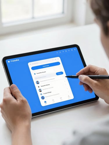 Over-the-shoulder perspective of a developer designing a mobile user interface on a tablet, bright natural studio lighting, soft shadows, clean slate and electric blue tones.