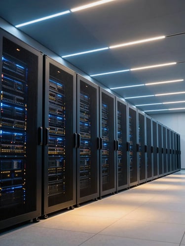 Modern data center server hall with cool blue and white lighting, wide angle, geometric lines, premium editorial photography, deep navy and gold tones, 35mm