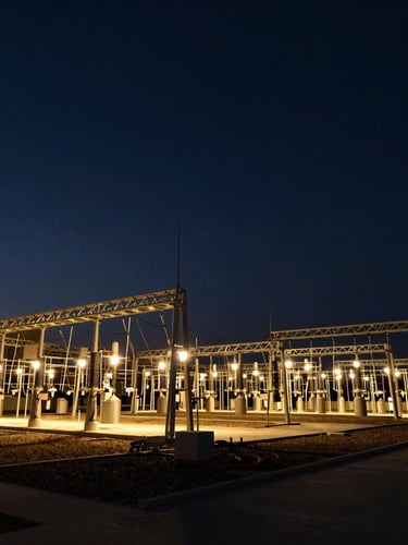 Wide panoramic view of a modern power substation at twilight, dramatic industrial lighting, strong geometric lines, low horizon, deep navy and gold tones, 35mm.