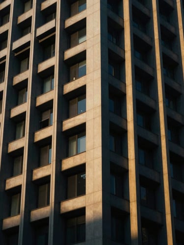 Abstract close-up of a modern building facade, geometric lines, deep shadows, premium editorial photography, deep navy and gold tones, 35mm