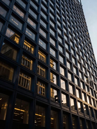 Abstract architectural lines of a modern financial building interior, high-contrast light and shadow, geometric patterns, reflecting surfaces, deep navy and warm gold accents.