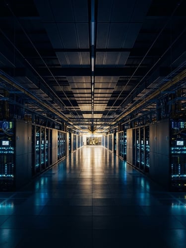 Wide shot of modern, high-tech data center server hall, dramatic low-key lighting, deep navy and warm gold tones, abstract architectural lines, 35mm