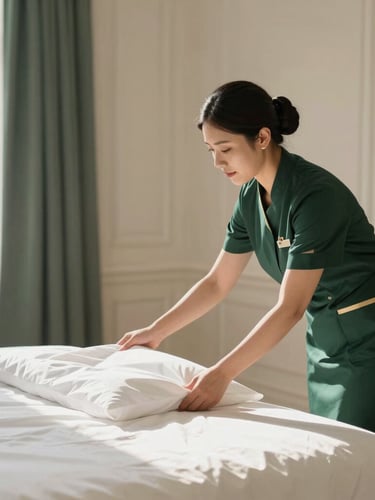 A professional housekeeper in elegant dark green uniform carefully adjusting pristine white linens on a luxurious bed, warm natural sunlight, editorial 35mm