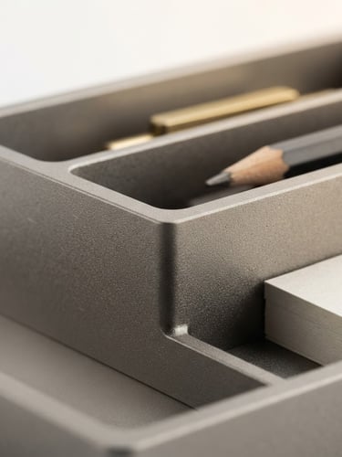 Macro close-up of a minimalist anodized aluminum desk organizer under soft diffused studio light, clean white background, sharp focus on tactile metal texture