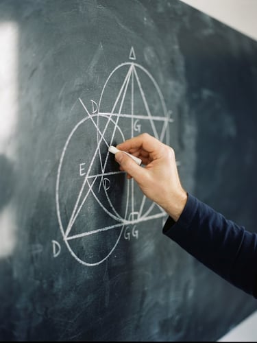 A close-up of a hand drawing a clean geometric proof on a slate whiteboard, bright natural daylight, sharp focus, 35mm
