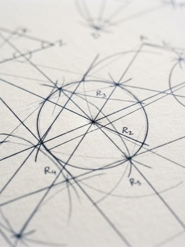 Tight macro photograph of hand-drawn geometric proofs on textured paper, sharp graphite lines, compass-drawn arcs, bright natural daylight, clean documentary style, 35mm.