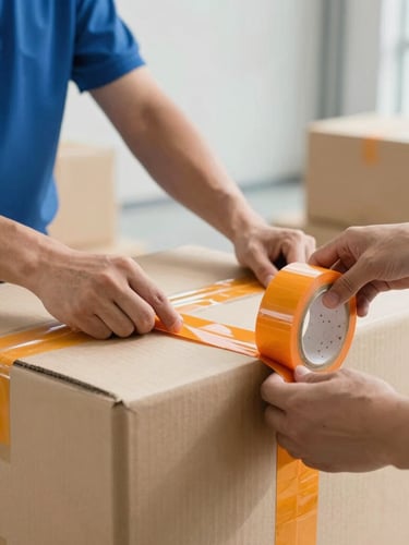 Medium close-up of hands securing heavy-duty moving boxes with thick orange tape in a bright, well-lit modern warehouse facility, sharp focus.