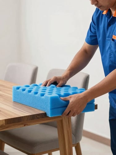 Side view of a clean uniformed moving crew member meticulously wrapping a wooden dining table corner with thick protective blue foam in a bright Dubai apartment.