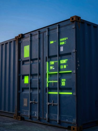 High-contrast macro shot of a shipping container terminal at dusk, cool blue ambient light with sharp neon green data overlay lines, 35mm lens