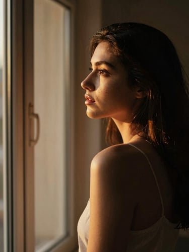 Intimate portrait of a woman looking out a window at golden hour, deep shadows, warm incandescent light, high contrast, shallow depth of field, 35mm