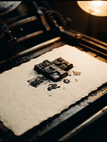 Macro shot of fresh black ink on textured cream paper inside a printing press, metal letterpress blocks visible, warm golden incandescent side light, deep shadows, 35mm editorial photography