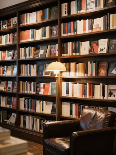 Warm editorial photography of a cozy Portuguese independent bookstore in Vila Nova de Gaia, dark wooden bookshelves filled with books, soft incandescent glow from a brass lamp, a single leather armchair, shallow depth of field