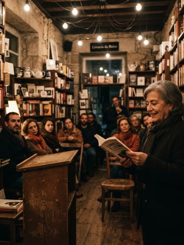 Warm environmental photography of an independent bookstore event space in Portugal, low-key incandescent light, wooden bookshelves filled with books, rustic tables, shallow depth of field, 35mm