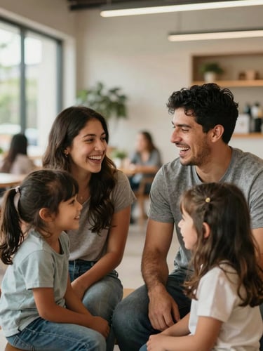 Warm candid shot of young Hispanic parents laughing with their children in a modern, welcoming community space, soft natural lighting