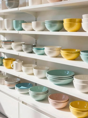 Bright high-key retail photography, a clean modern retail display with neatly arranged home goods and lifestyle accessories, natural daylight, crisp shadows, 35mm