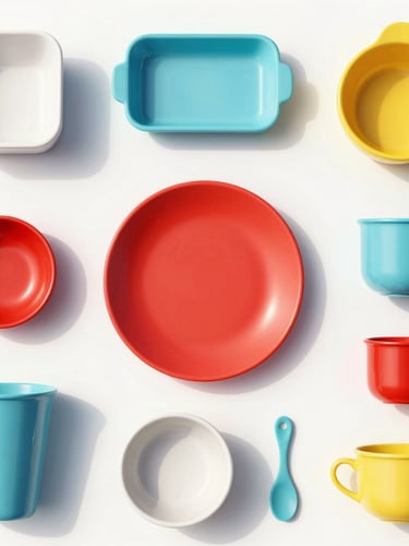 Vibrant top-down flat lay of organized consumer goods and home accessories on a clean white background, bright natural light with crisp shadows