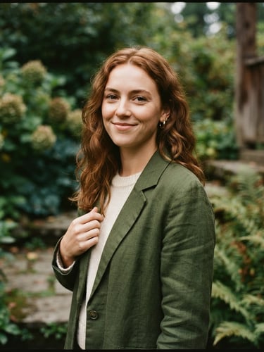 Warm editorial portrait of Alanah in soft overcast daylight, natural background, rich textures, 35mm photography
