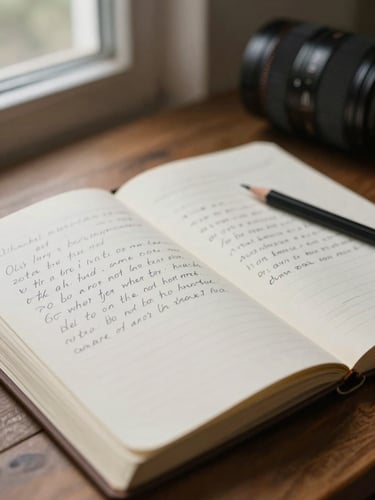 Close-up of an open notebook resting on a wooden surface, handwritten lines visible on aged cream paper, a pencil resting beside it, soft overcast window light falling from the left, shallow depth of field, documentary stillness