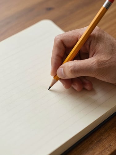 Close-up of a hand writing in an open notebook with a pencil, cream-colored pages with handwritten lines, overcast daylight from above, wooden desk surface, grain and texture visible