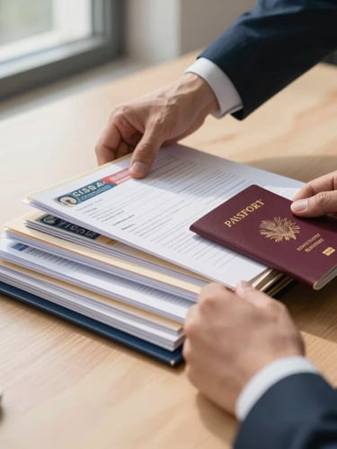 Close-up shot of hands organizing structured visa application folders and passports on a clean wooden desk, bright natural daylight streaming from a window, high clarity, professional corporate editorial feel.