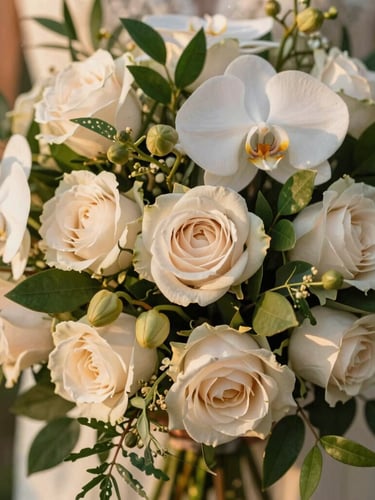 Close-up of a meticulously arranged bridal bouquet featuring premium orchids, blush roses, and rich green botanical leaves, soft golden-hour light, 35mm photography