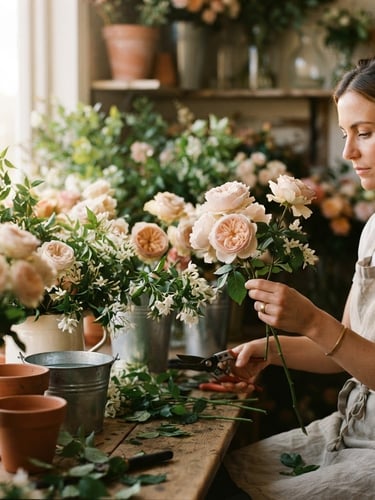 A professional florist sorting fresh morning roses and jasmine in soft golden-hour light, 35mm editorial photography, shallow depth of field