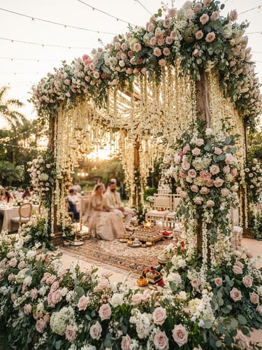 Dramatic wide shot of a grand wedding mandap dripping with fresh jasmine and blush roses, soft golden-hour light, shallow depth of field, 35mm