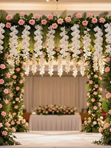 A grand wedding mandap decorated with cascading white orchids and pink roses, luxury indoor lighting, shallow depth of field