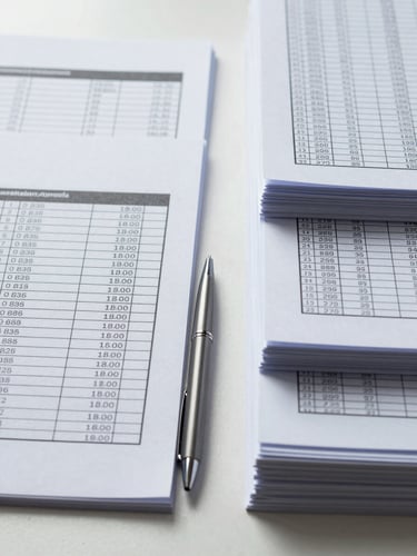 Overhead close-up of neatly arranged payroll documents, spreadsheet printouts, and a pen on a clean white desk surface, cool studio lighting, high contrast, precisely organized stacks of paper to the right of frame