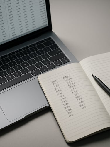 Overhead close-up of a tidy desk during focus hours — a laptop displaying a spreadsheet with clean columnar data, a ruled notebook with handwritten figures beside it, cool studio light from the upper left, no people visible, muted gray-white surface