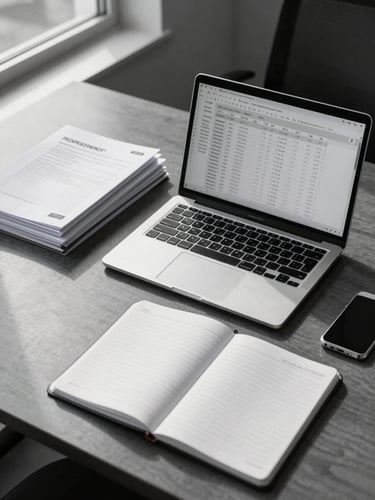 Wide overhead shot of a clean corporate desk — open laptop displaying structured spreadsheet data, two stacked compliance folders to the left, a ruled notebook open to a blank page, cool daylight from a window out of frame, sharp studio shadows, charcoal and white tones