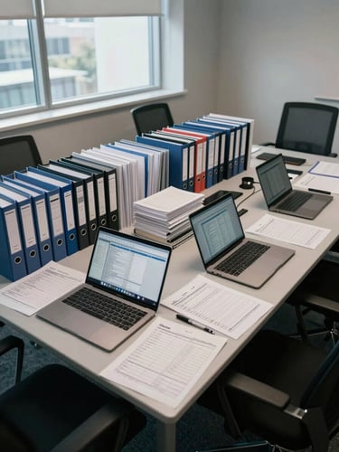 Wide overhead view of a structured compliance workspace — neatly ordered regulatory binders, open laptops displaying data tables, and printed filing calendars arranged on a large conference table under cool, diffused daylight from tall windows to the left, generous negative space on the right