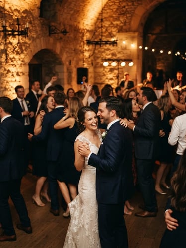 Low-light elegant wedding dancefloor, warm ambient uplighting washing historic stone walls, guests dancing in soft focus, golden hour indoor glow, 35mm lens
