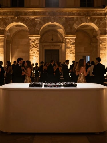 Moody event photography of a sleek, minimalist DJ booth in a historic European venue, warm ambient uplighting casting a golden-hour indoor glow on stone arches, deep shadows, elegant crowd dancing in the background