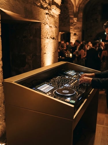 Moody close-up of a minimalist champagne-gold DJ booth, cable-free design, warm architectural uplighting in a historic European venue, 35mm lens