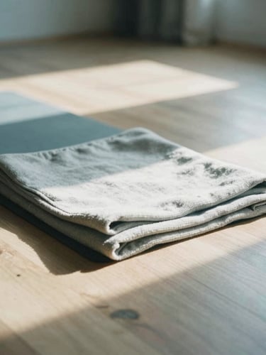 Serene film photography of a quiet sunlit yoga studio with natural wood floors, a single folded cotton blanket, and soft morning shadows, shallow depth of field.