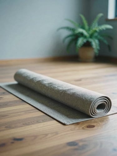 Serene film photography of a quiet yoga studio interior, soft diffused morning daylight illuminating smooth wood floors, a single rolled linen mat, and a small potted fern in the corner, shallow depth of field.