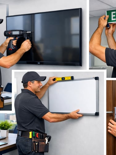 Man installing safteey sign, white board, TV in an office.