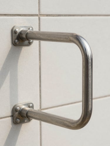 Straight-on architectural close-up of a securely installed stainless steel grab rail on a neat tiled wall, bright daylight, emphasizing clean lines and solid structural mounting.